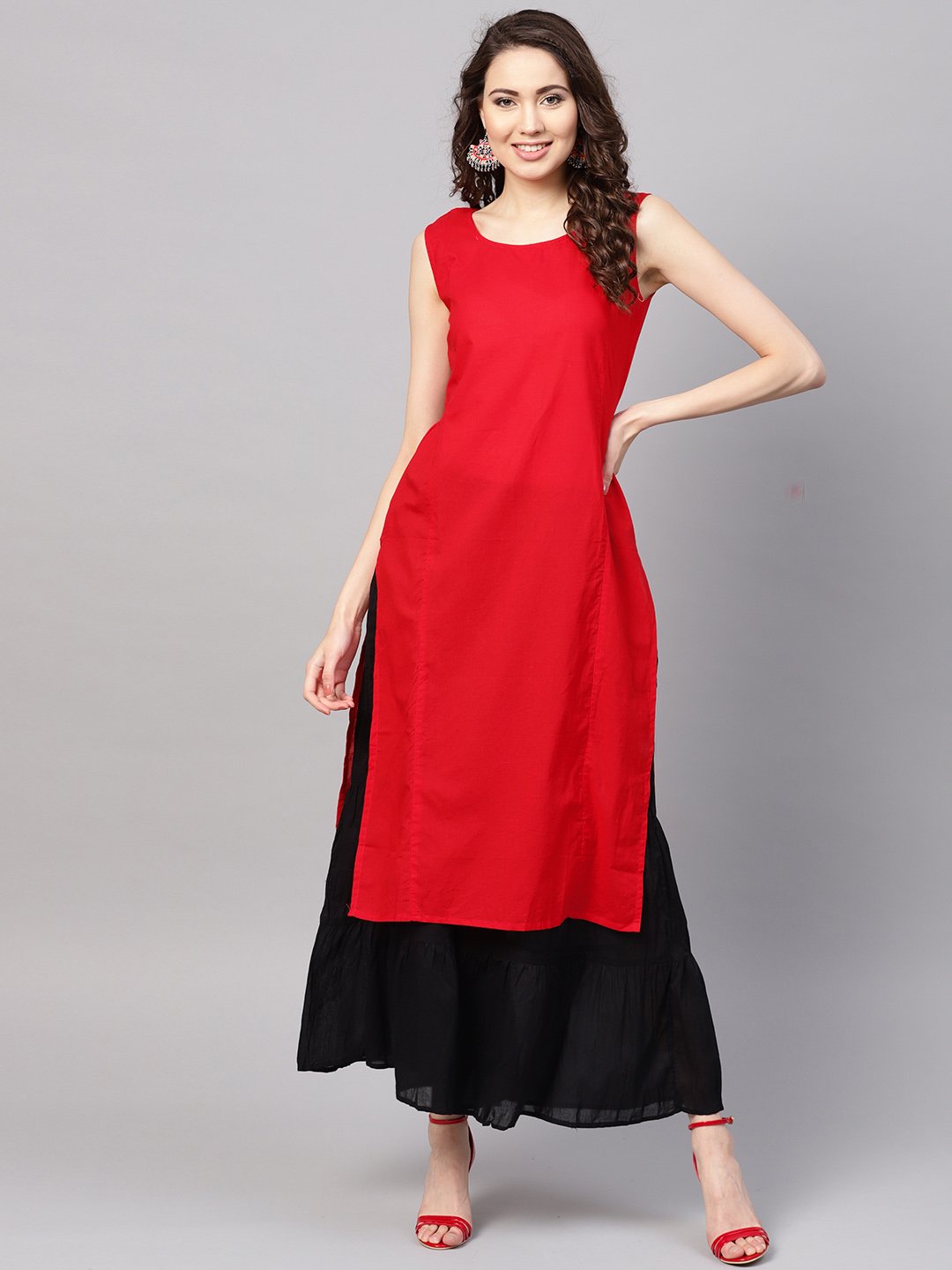 Women's Red Cotton Printed Half Sleeve Round Neck Casual Kurta Only