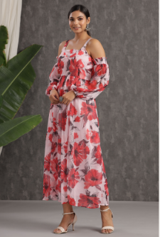 Women's Light Pink Chiffon Printed Flared Dress