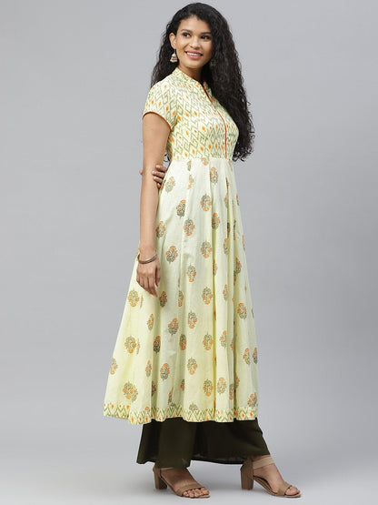 Women's Yellow Print Chinese Neck Cotton Anarkali Kurta