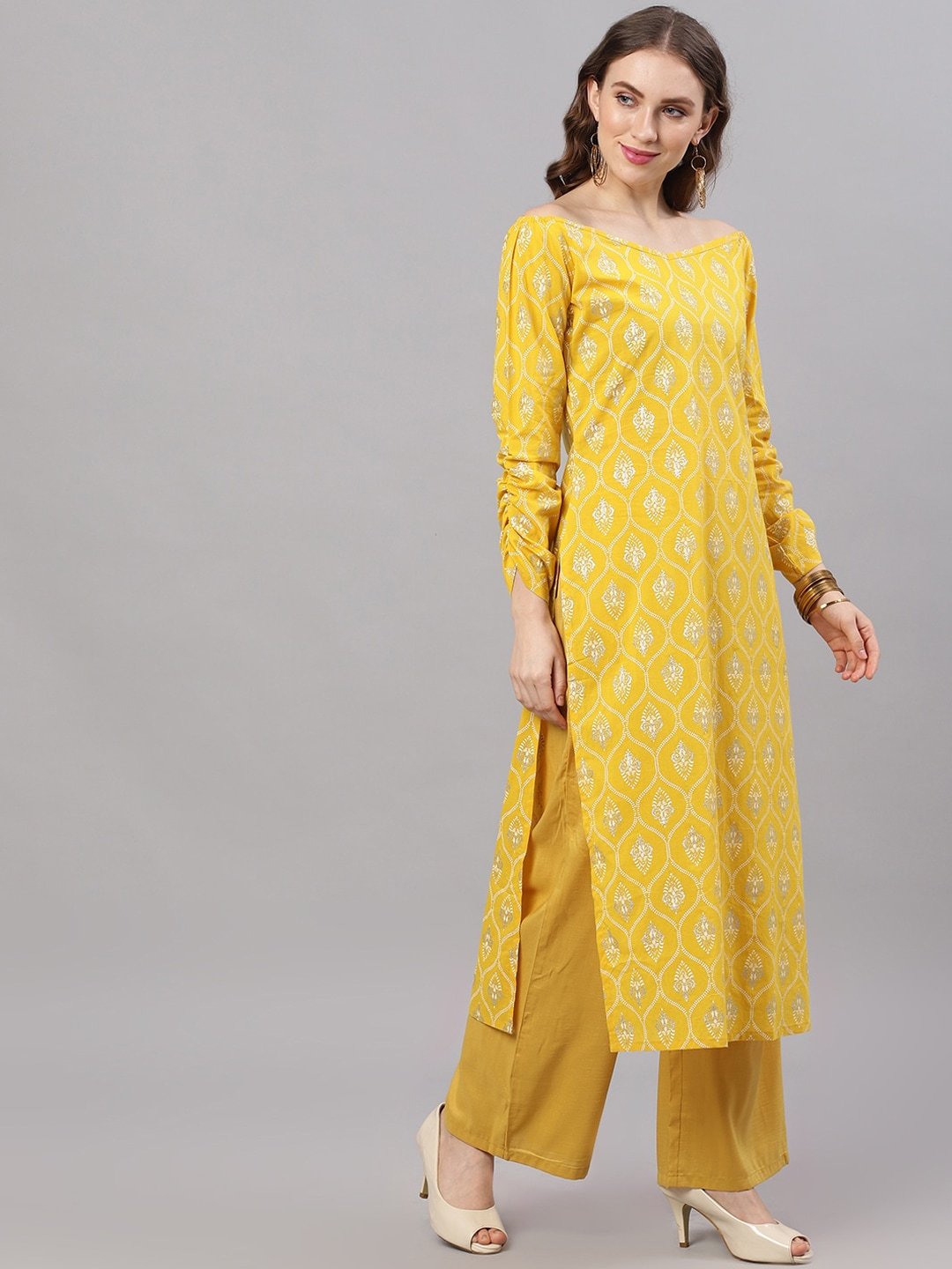 Women's  Yellow Printed Straight Kurta