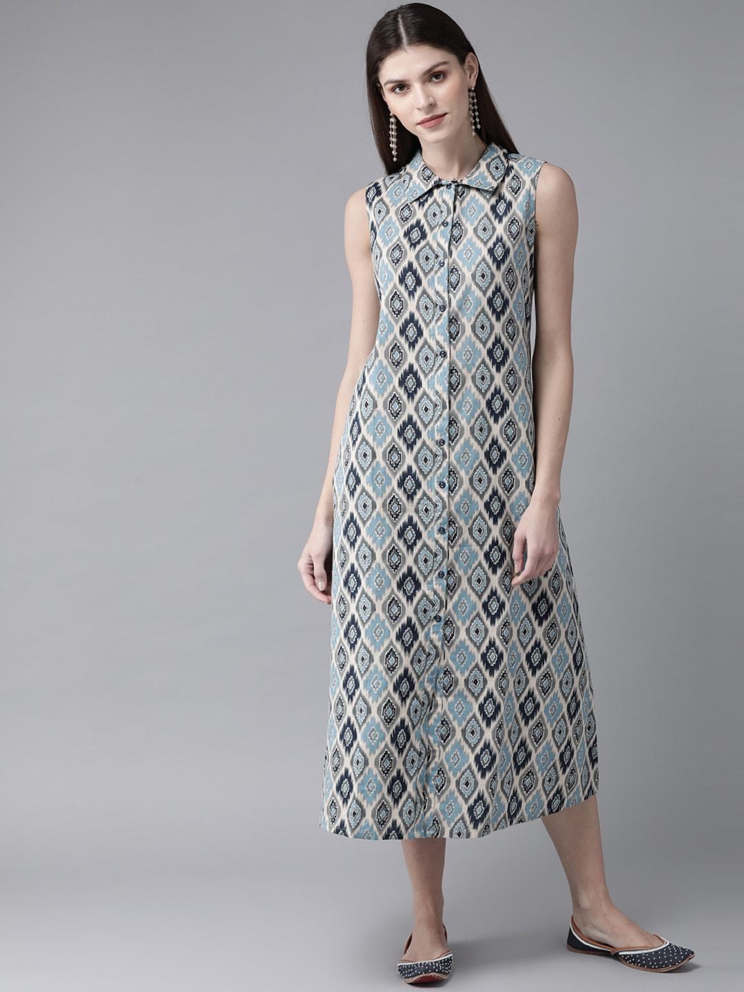 Women's  Blue & Off-White Printed Shirt Dress