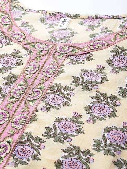 Women's Light Yellow & Green Printed Kurta Set