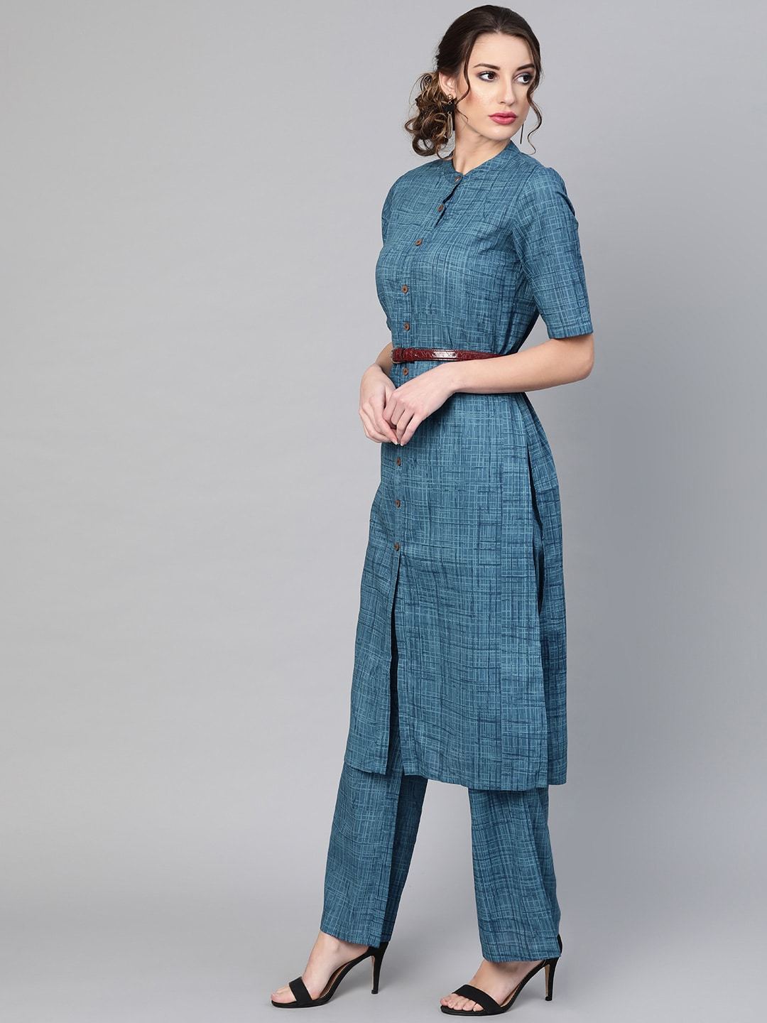 Women's  Navy Blue Self-Checked Kurta with Palazzos
