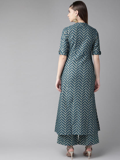 Women's  Teal Blue & Golden Chevron Print A-Line Kurta