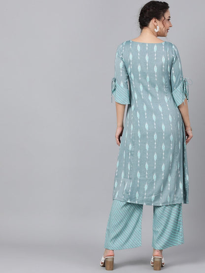 Women's  Grey & Sea Green Woven Design Kurta with Palazzos
