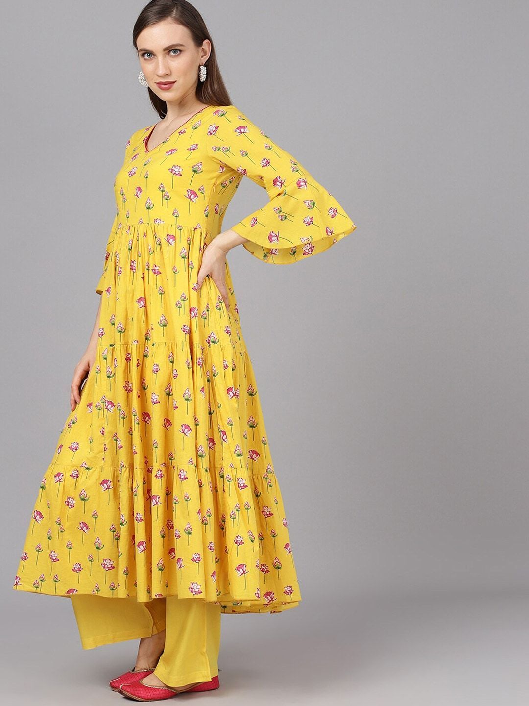 Women's  Yellow & Magenta Printed Anarkali Kurta