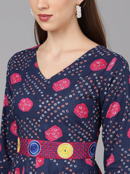Women's  Navy Blue & Magenta Bandhani Printed Anarkali Kurta