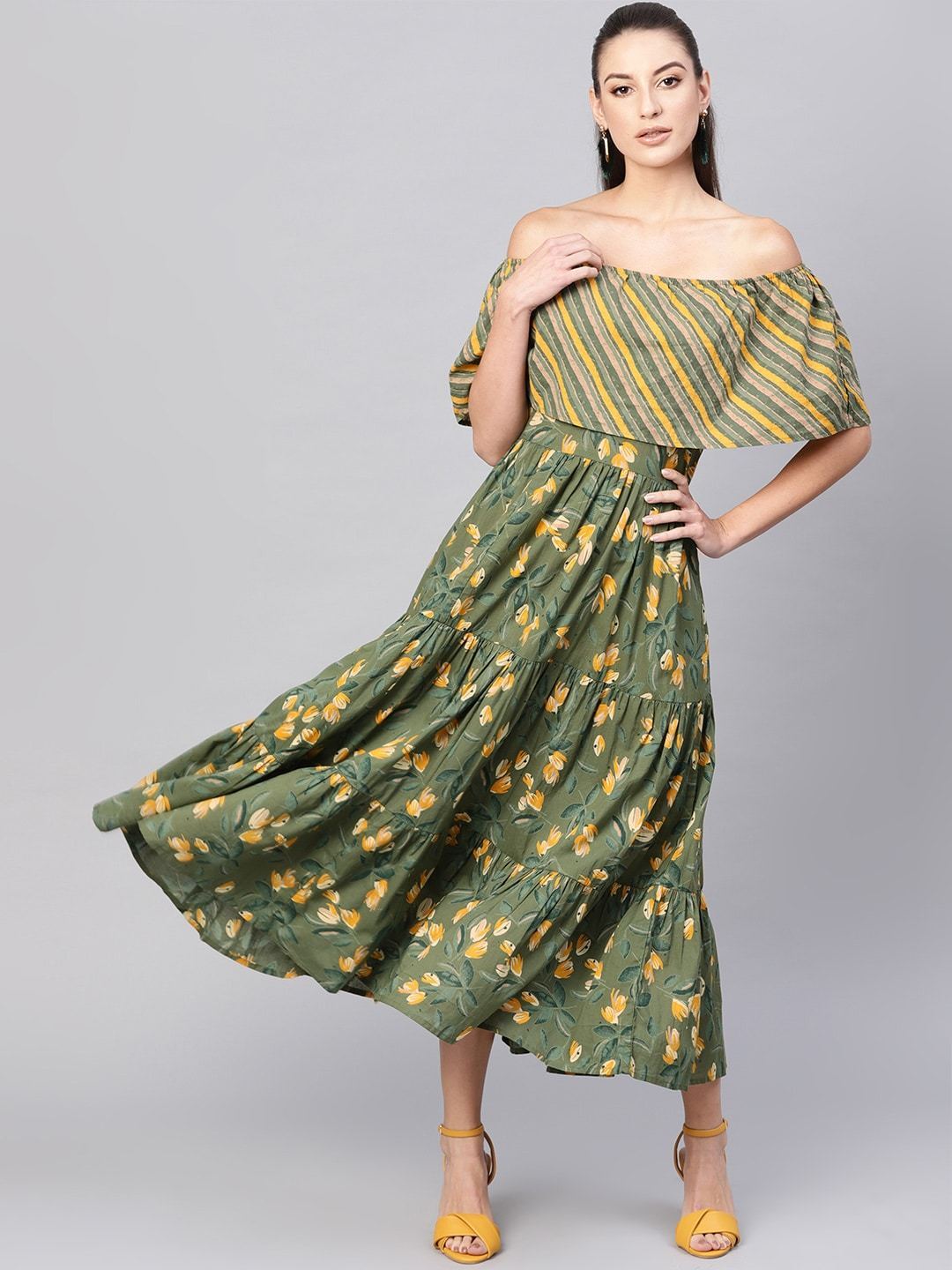 Women's  Olive Green & Mustard Yellow Floral Printed Maxi Off-Shoulder Tiered Dress