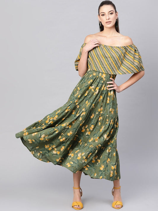 Women's  Olive Green & Mustard Yellow Floral Printed Maxi Off-Shoulder Tiered Dress