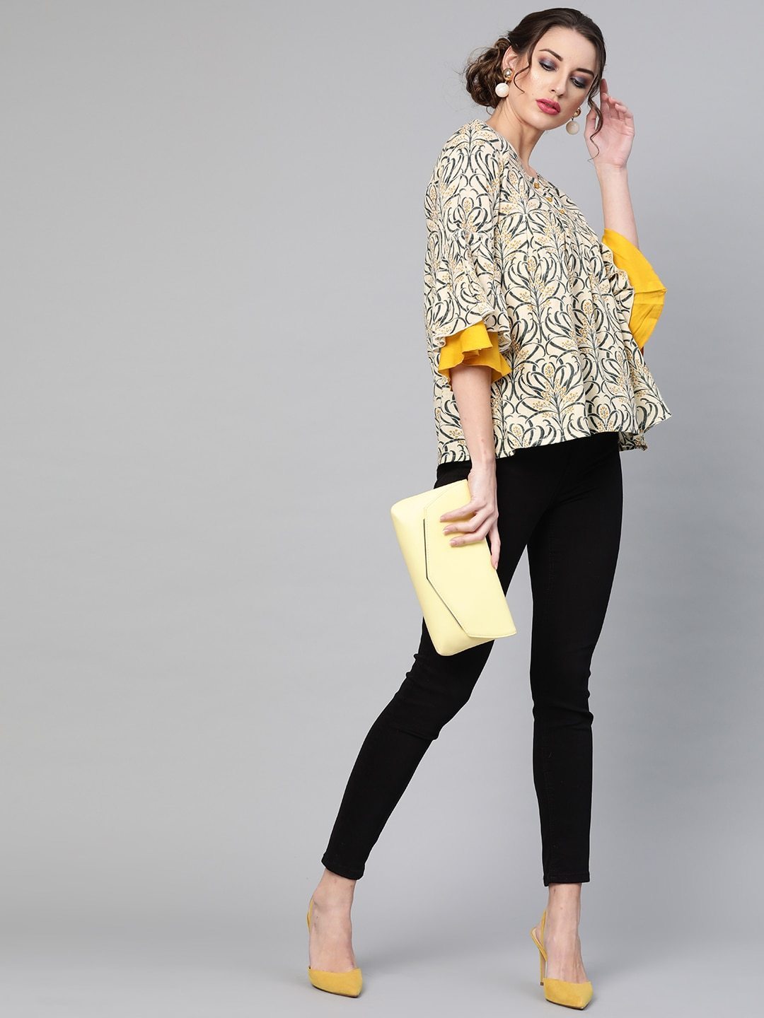 Women's  Cream-Coloured & Navy Blue Printed Tunic