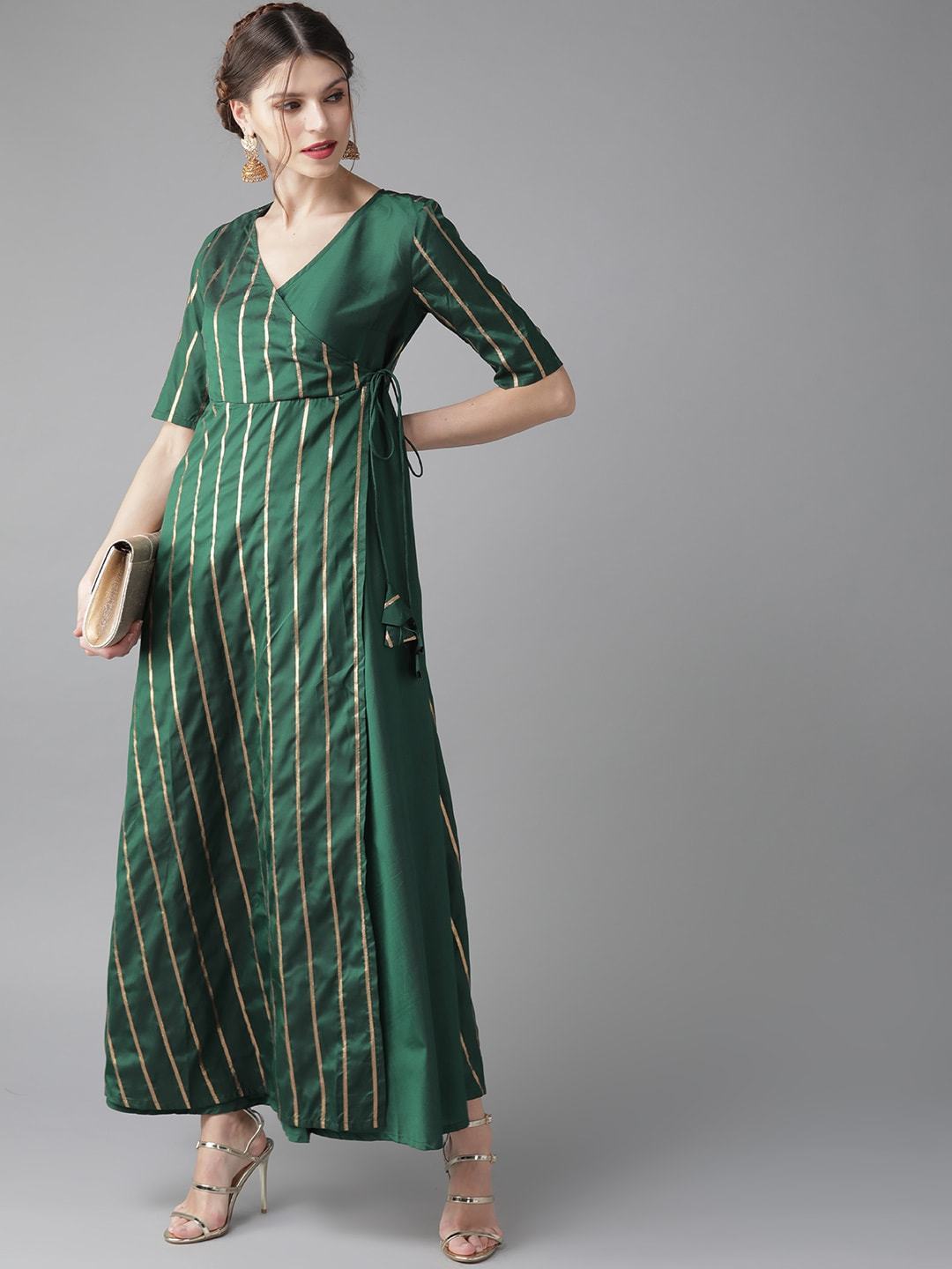 Women's  Green & Golden Striped Wrap Maxi Dress