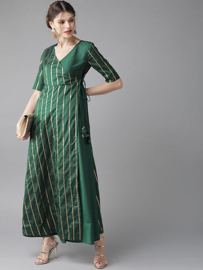 Women's  Green & Golden Striped Wrap Maxi Dress