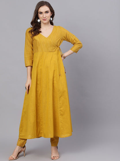Women's  Mustard Yellow Striped Anarkali Kurta