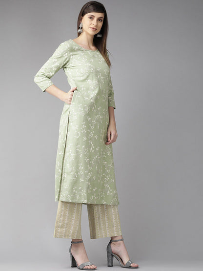 Women's  Green & White Floral Printed Straight Kurta