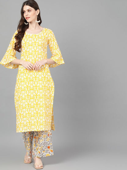 Women's  Yellow & White Printed Kurta with Palazzos