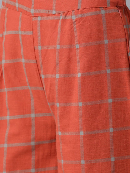 Women's  Grey & Orange Checked Kurta with Palazzos