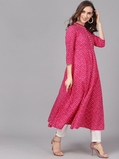 Women's  Magenta & White Printed Anarkali Kurta