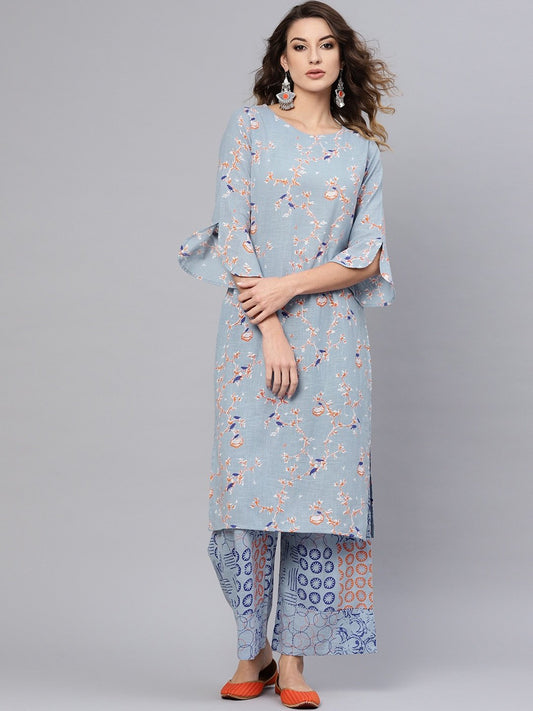 Women's  Blue Printed Kurta with Palazzos