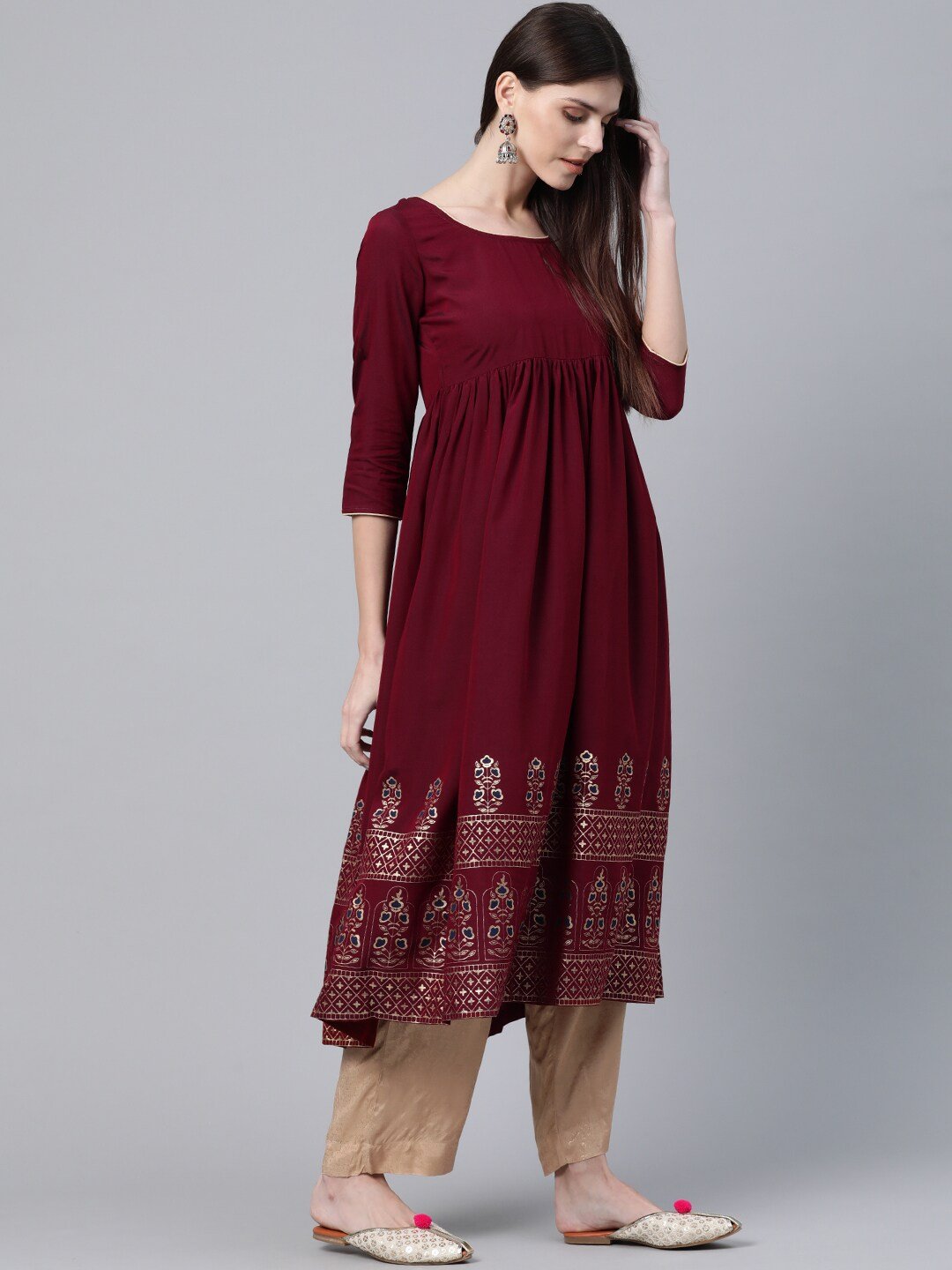 Women's  Maroon & Golden Printed Hem Empire A-Line Kurta