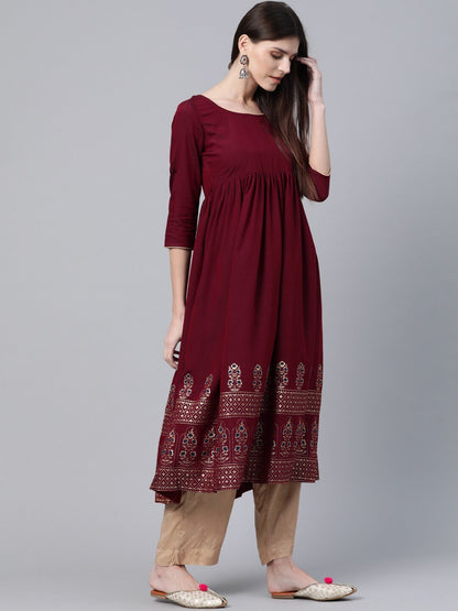 Women's  Maroon & Golden Printed Hem Empire A-Line Kurta