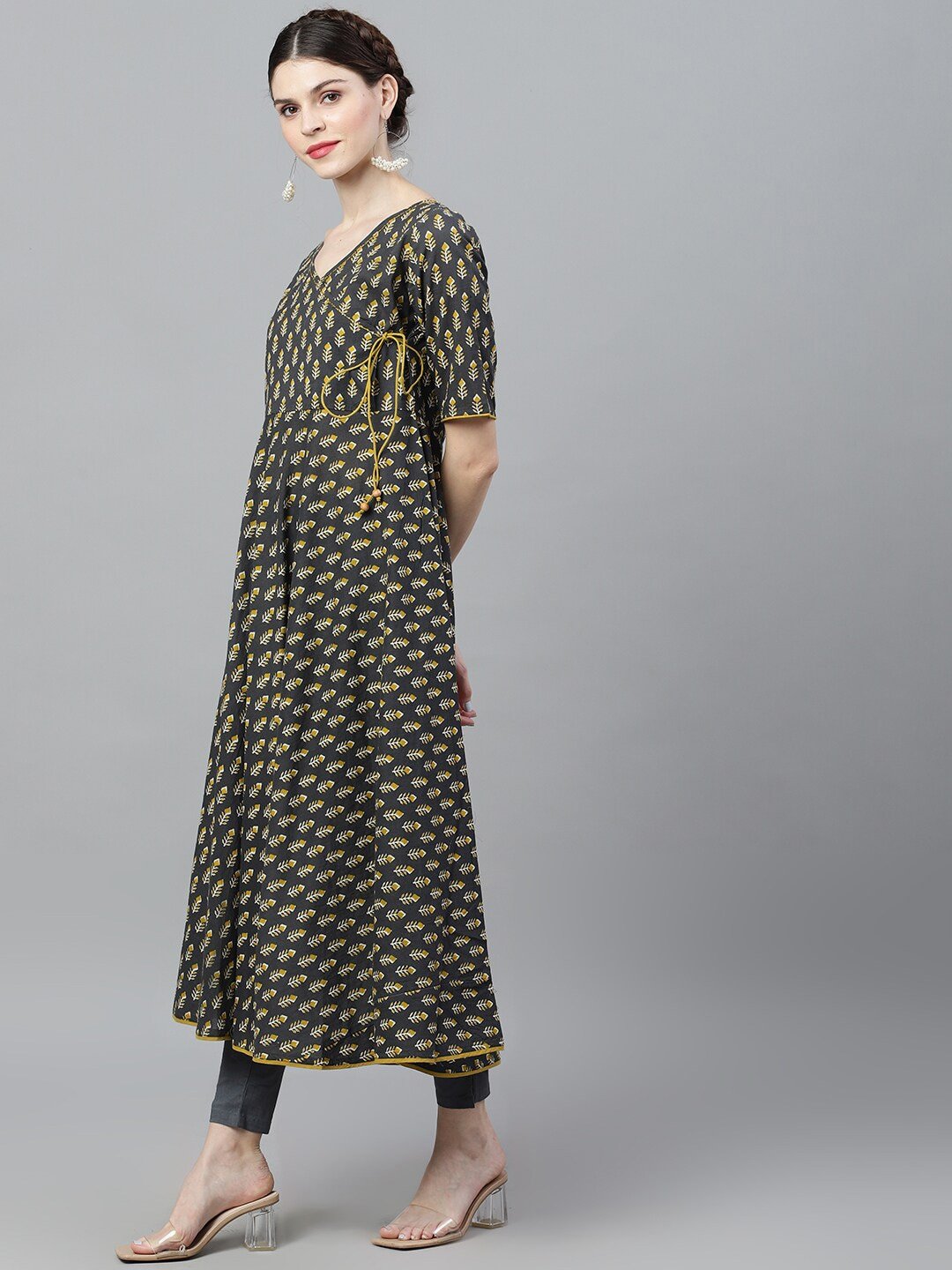 Women's  Grey & Mustard Printed Anarkali Kurta
