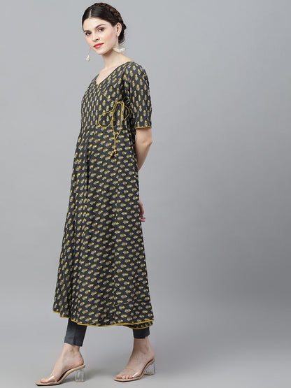 Women's  Grey & Mustard Printed Anarkali Kurta