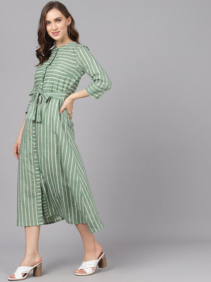 Women's  Green & Beige Striped A-Line Dress