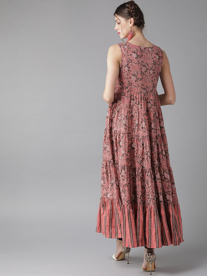Women's  Pink & Charcoal Grey Printed Maxi Dress