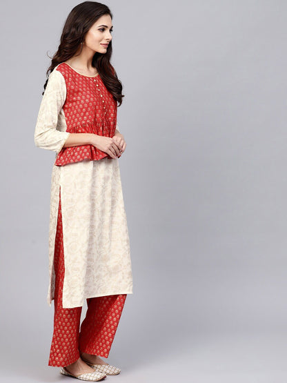 Women's  Off-White & Red Printed Layered Kurta