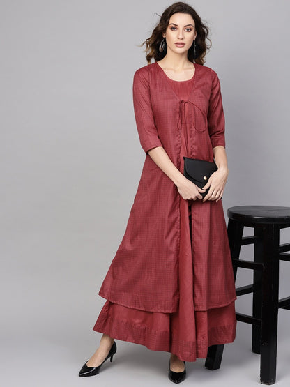 Women's  Maroon & Navy Checked Maxi Dress
