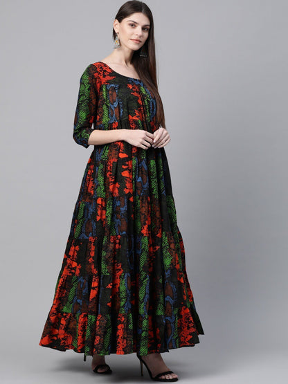 Women's  Black & Orange Animal Printed Tiered Maxi Dress