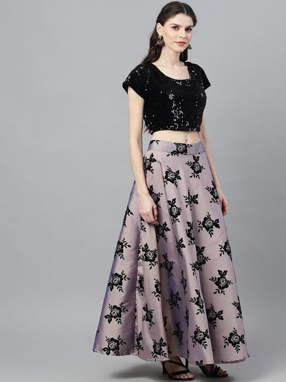 Women's Purple & Black Flock Printed Lehenga Choli With Net Dupatt