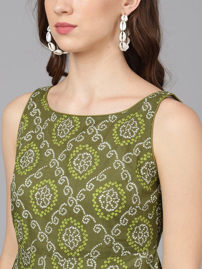 Women's  Olive Green & White Printed Anarkali Kurta