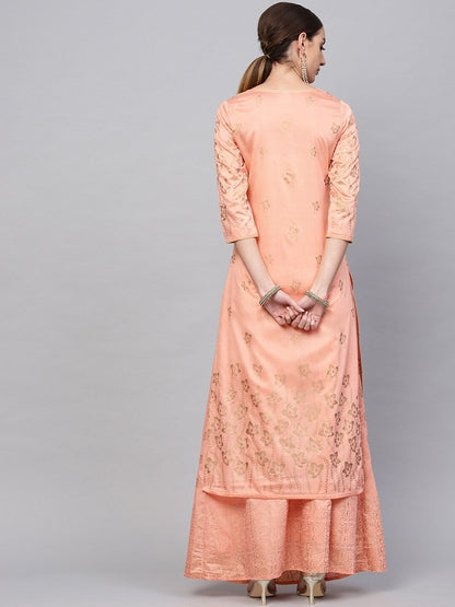 Women's Peach Gold Printed Kurta With Skirt
