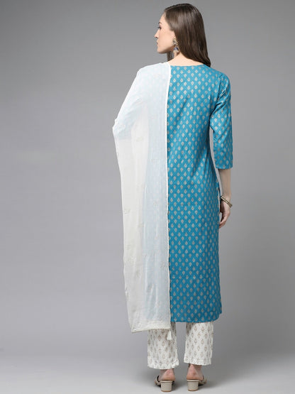 Women's Teal Blue & Off-White Printed Kurta Set