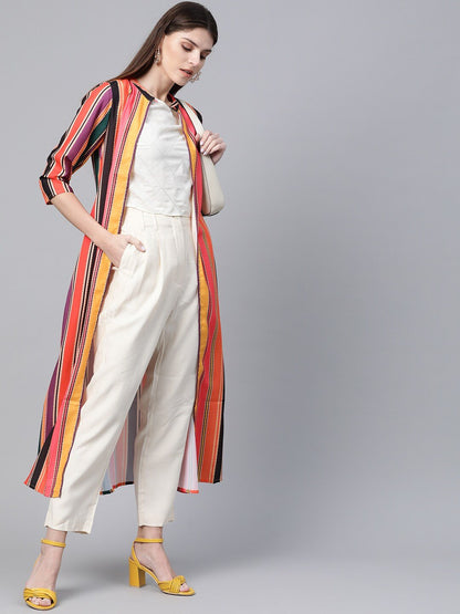 Women's  Orange & Black Striped Open Front Long Ethnic Jacket