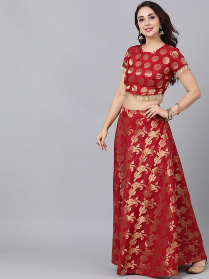 Women's Maroon Brocade Lehenga Choli With Dupatta