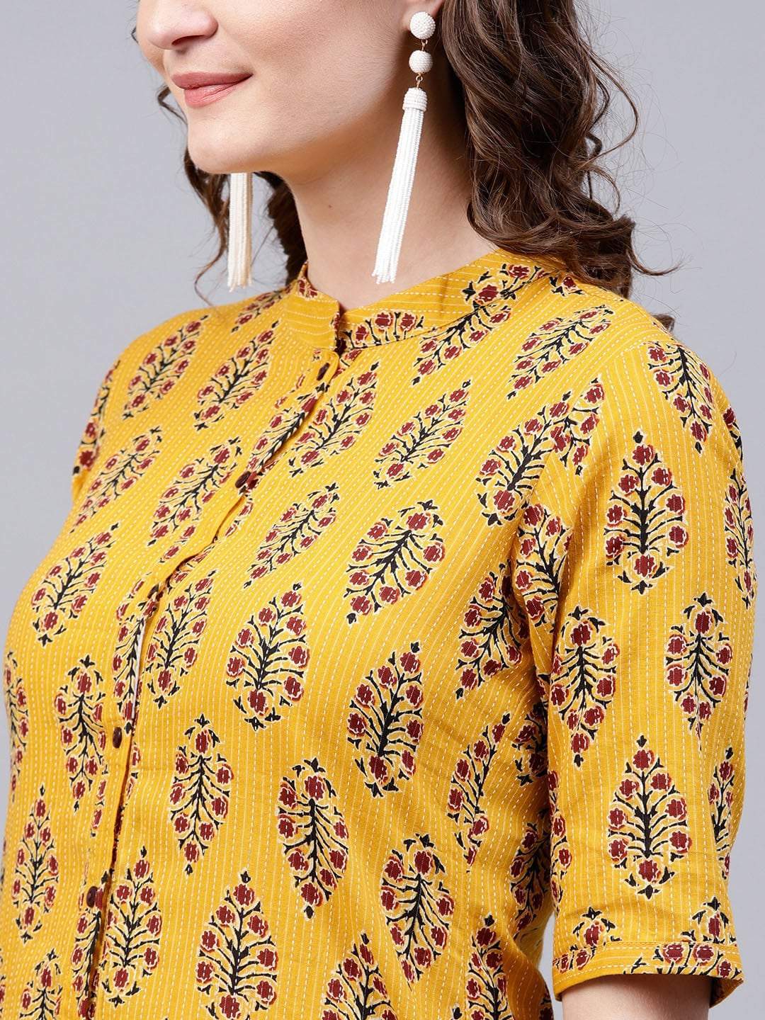 Women's  Yellow & Maroon Printed Kantha Work Kurta with Trousers