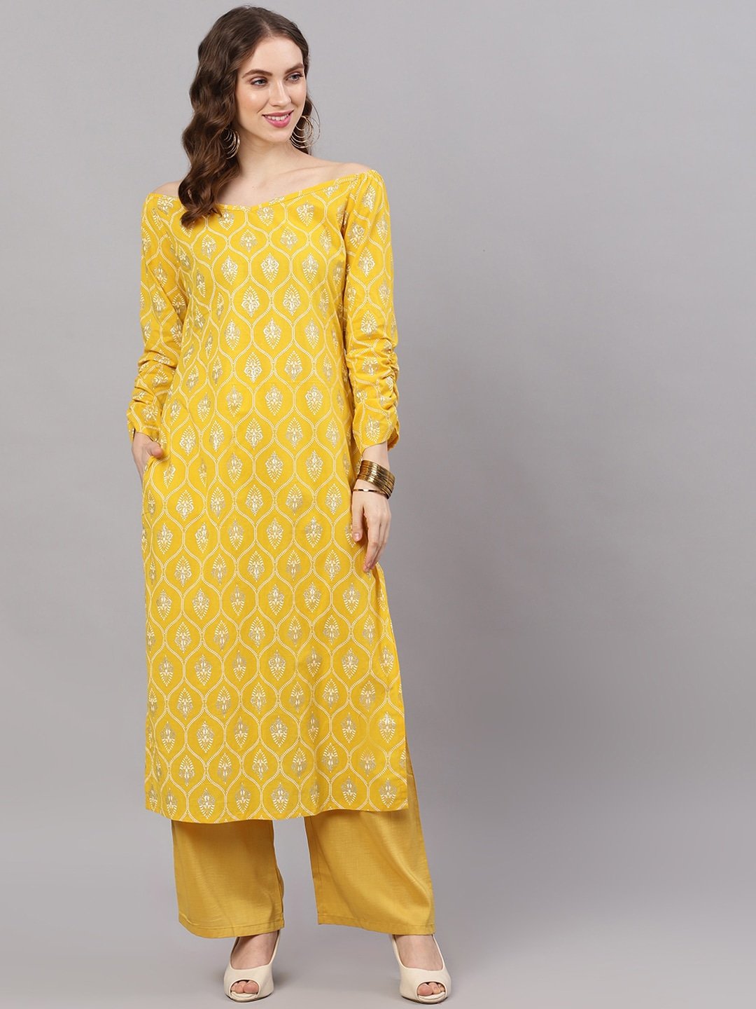 Women's  Yellow Printed Straight Kurta