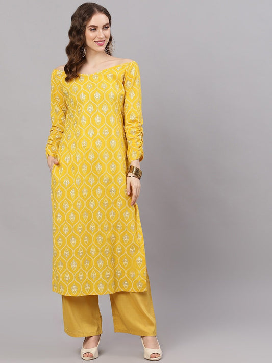 Women's  Yellow Printed Straight Kurta