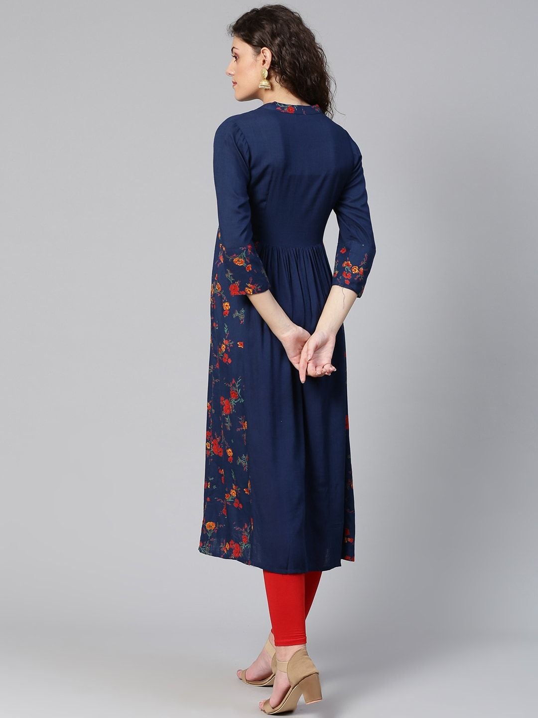 Women's Navy Blue & Red Floral Print Detail A-Line Kurta