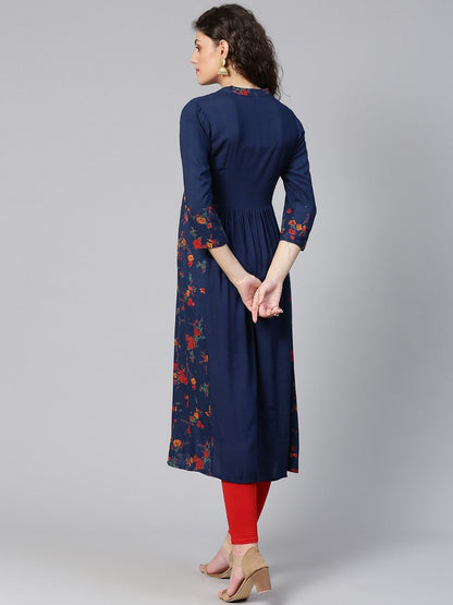 Women's Navy Blue & Red Floral Print Detail A-Line Kurta