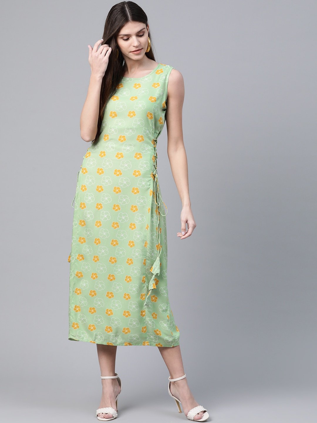 Women's  Green & Mustard Yellow Floral Printed A-Line Dress