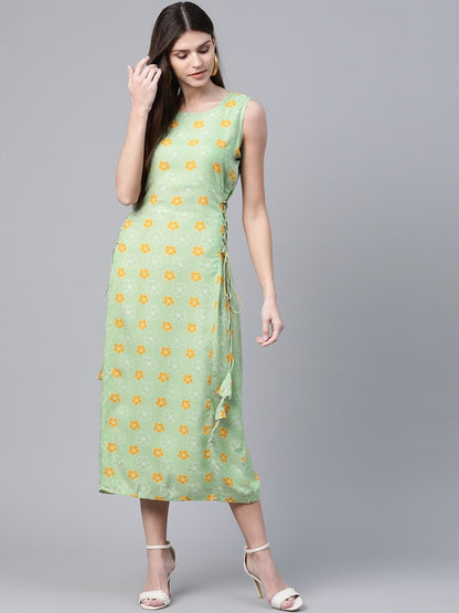 Women's  Green & Mustard Yellow Floral Printed A-Line Dress