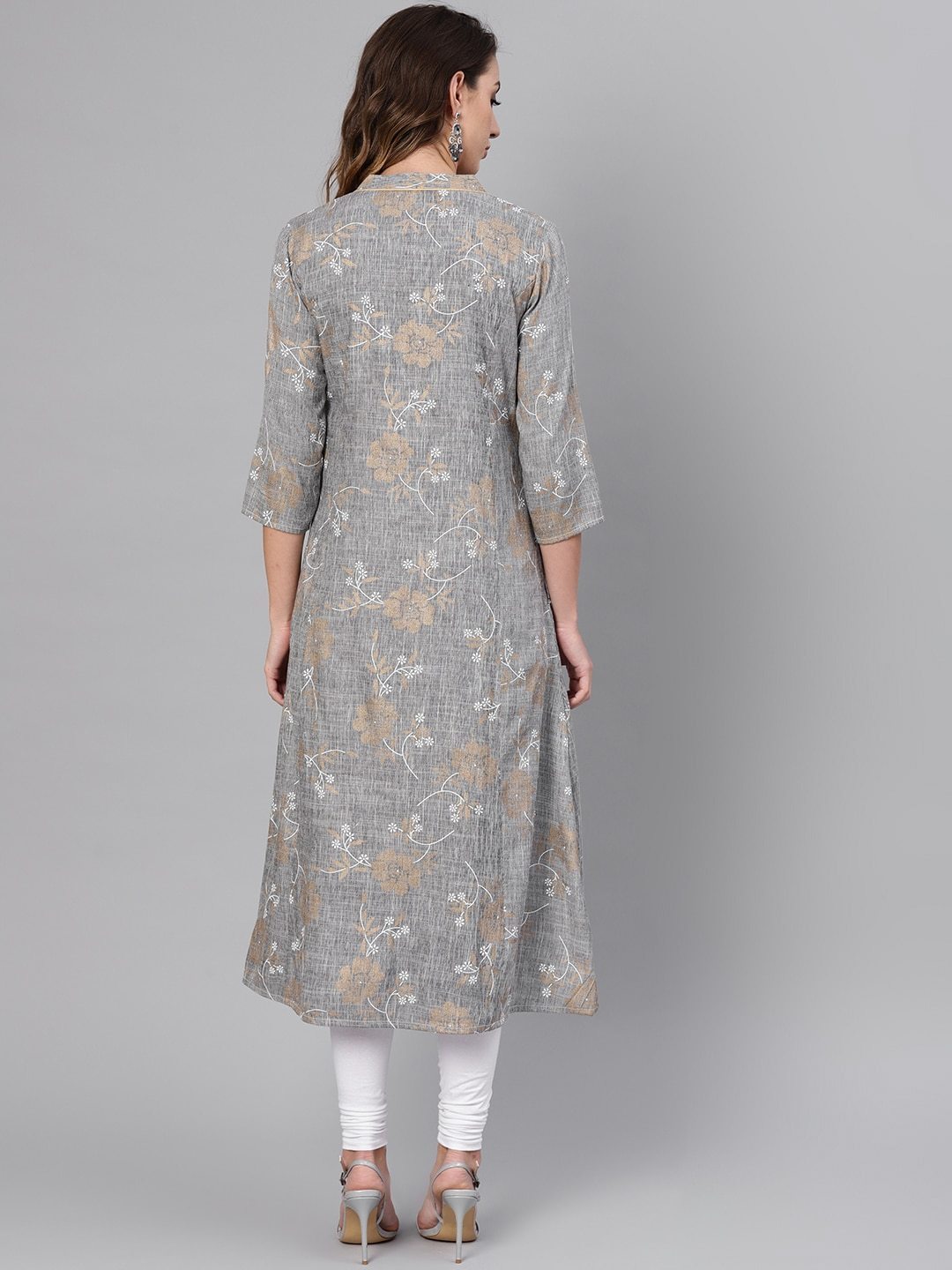 Women's  Grey & Golden Floral Printed A-Line Kurta