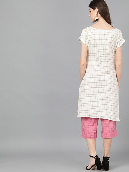 Women's  White & Pink Woven Design Kurta with Palazzos