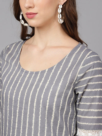 Women's  Grey & White Striped Straight Kurta
