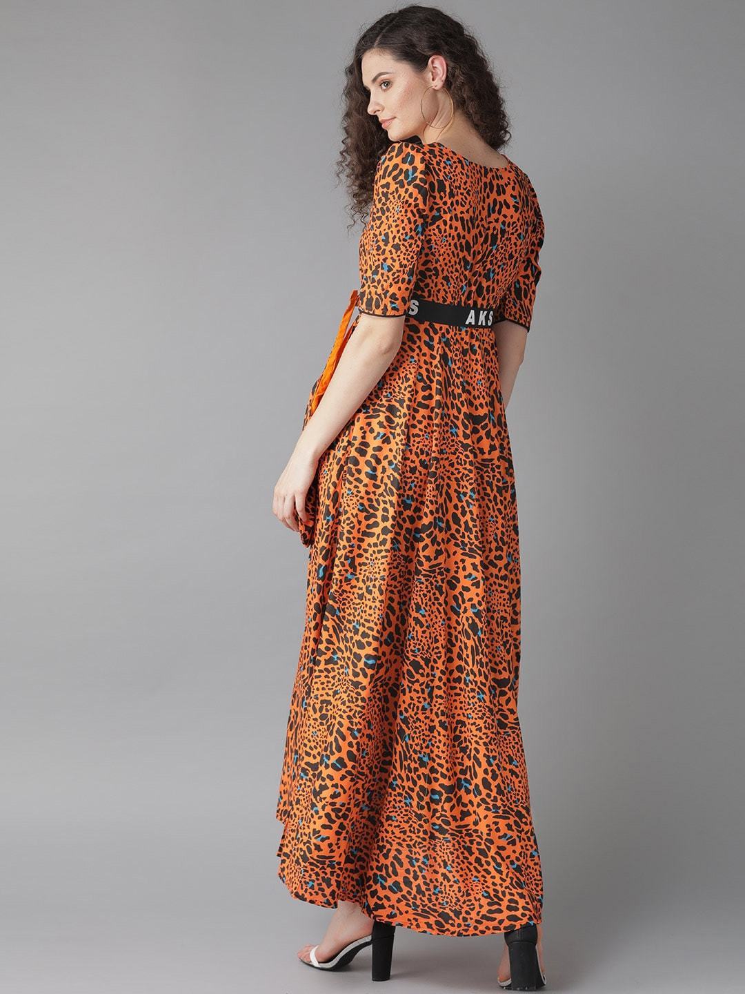 Women's  Orange & Black Animal Printed Maxi Dress