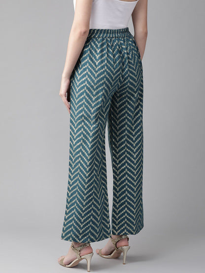 Women's  Teal Blue & Golden Printed Straight Palazzos