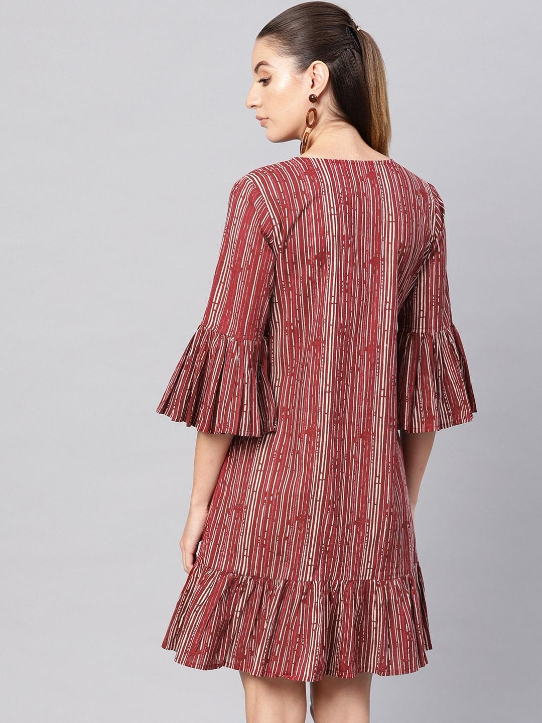 Women's  Maroon & Off-White Striped A-Line Dress